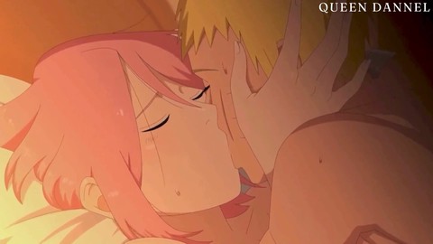 Naruto et Sakura s'amusent sur le canapé pendant que Tsunade s'amuse aussi