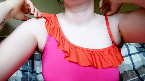 Hairy mom Alicedusty in a snug swimsuit gets cozy and rubs herself